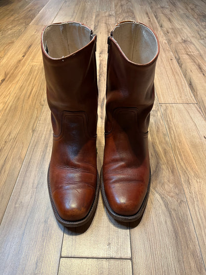 Vintage Frye Cognac Zip Boots, Made in USA, Size US Mens 11D