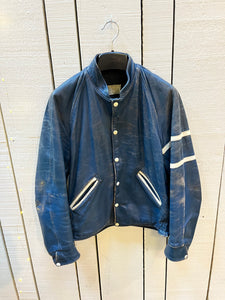 Vintage Blue and White Leather Varsity Jacket, King's College (now known as University of King's College). Made in Canada, Chest 44”