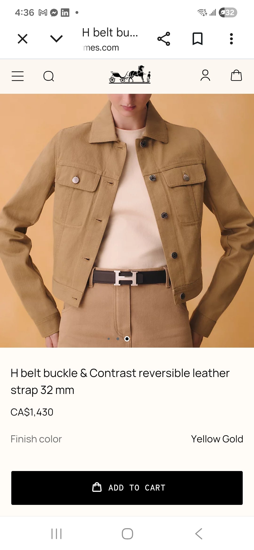 HERMÈS brushed silver tone belt buckle and reversible HERMÈS leather belt
