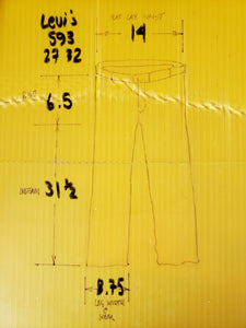 Kingspier Vintage - Levi's  593  27x32 (measures 28x31.5), button fly, deep blue double rinse, 28 x 31 1/2, ride 6.5, cuff width 8.75, Made in Vietnam, 99% cotton, 1% Elastane, Excellent condition