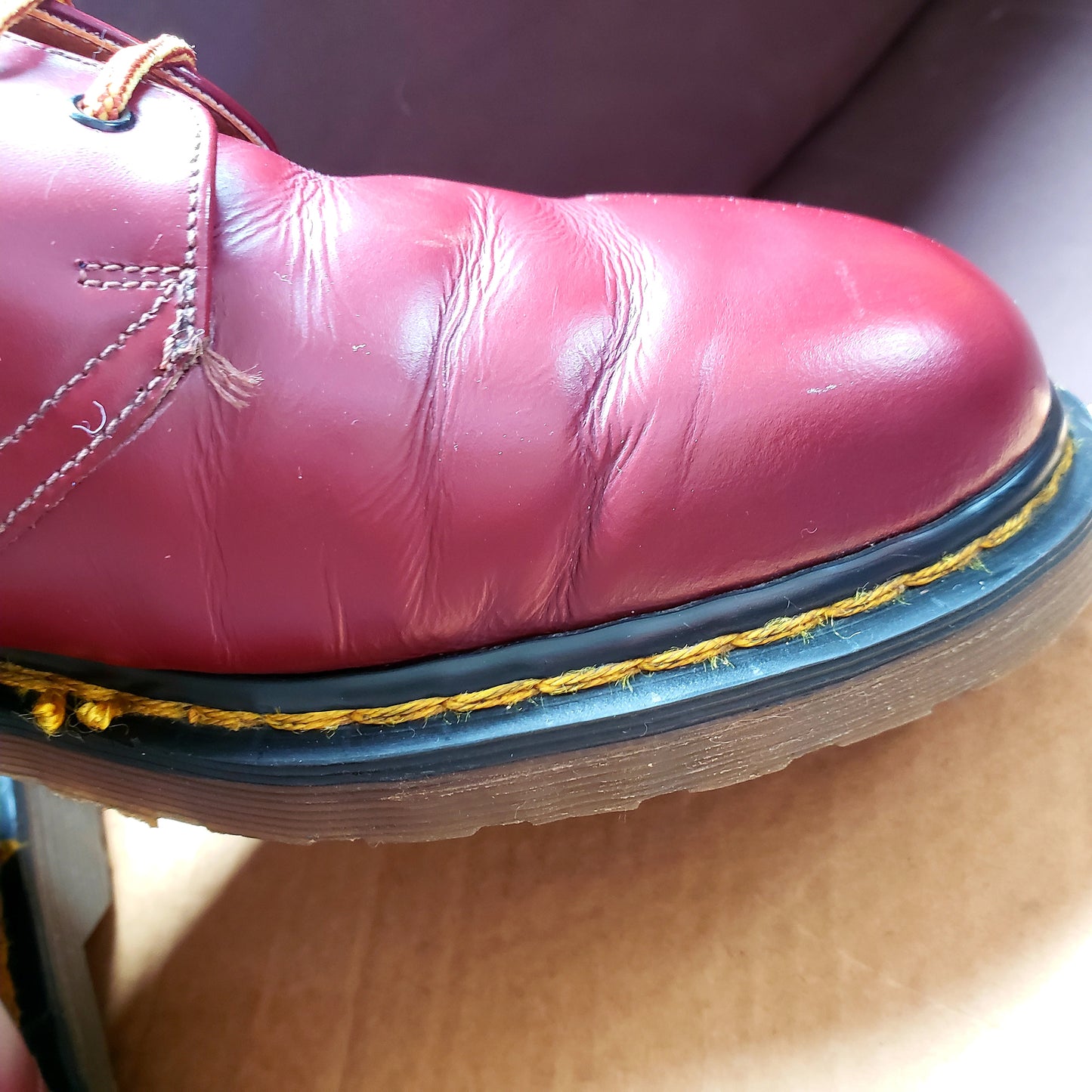 Vintage Circa 1990's Shelly's Exclusive 4 eyelet Derby "D.M. Raiders" Smooth Cherry Red Leather Shoes. Made in England. UK size 9