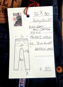Vintage Bullet Jeans 32"x30" 14 oz Black Denim. Made in Canada