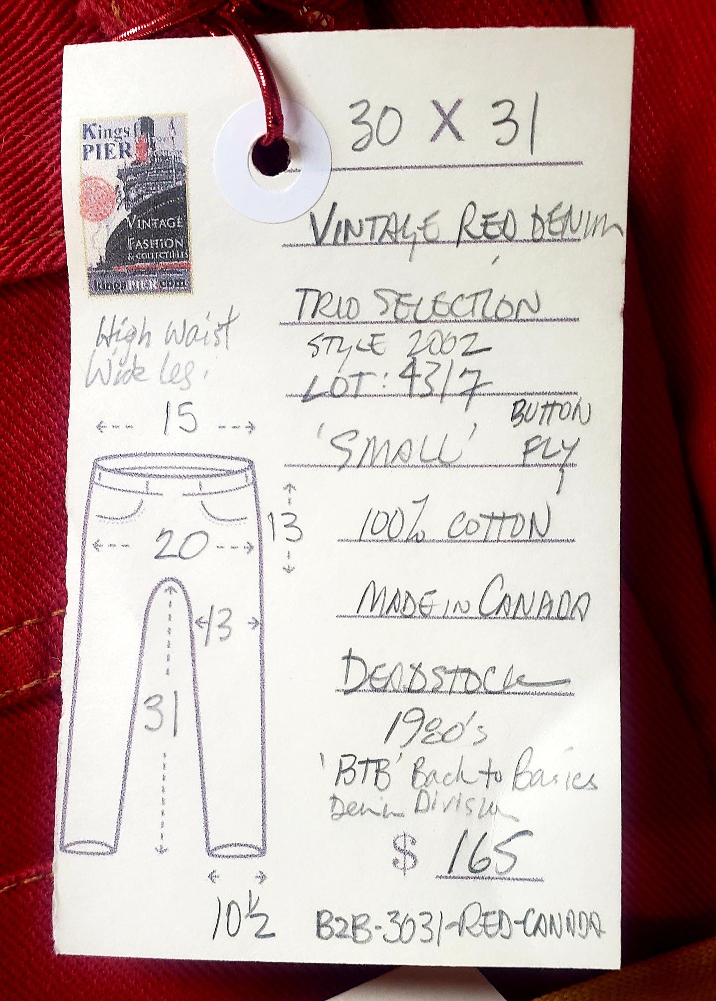 Vintage Rare 80's Deadstock BTB Back to Basics Jeans 30"x31" High Waist Wide Leg Red Denim. Made in Canada