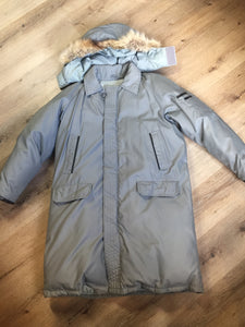 Kingspier Vintage - Sears “The Men’s Store” grey/ blue down filled parka with genuine fur and leather trim, hood, zipper and button closures, slash pockets and flap pockets. Size. 44 tall.