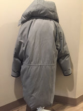 Load image into Gallery viewer, Kingspier Vintage - Sears “The Men’s Store” grey/ blue down filled parka with genuine fur and leather trim, hood, zipper and button closures, slash pockets and flap pockets. Size. 44 tall.
