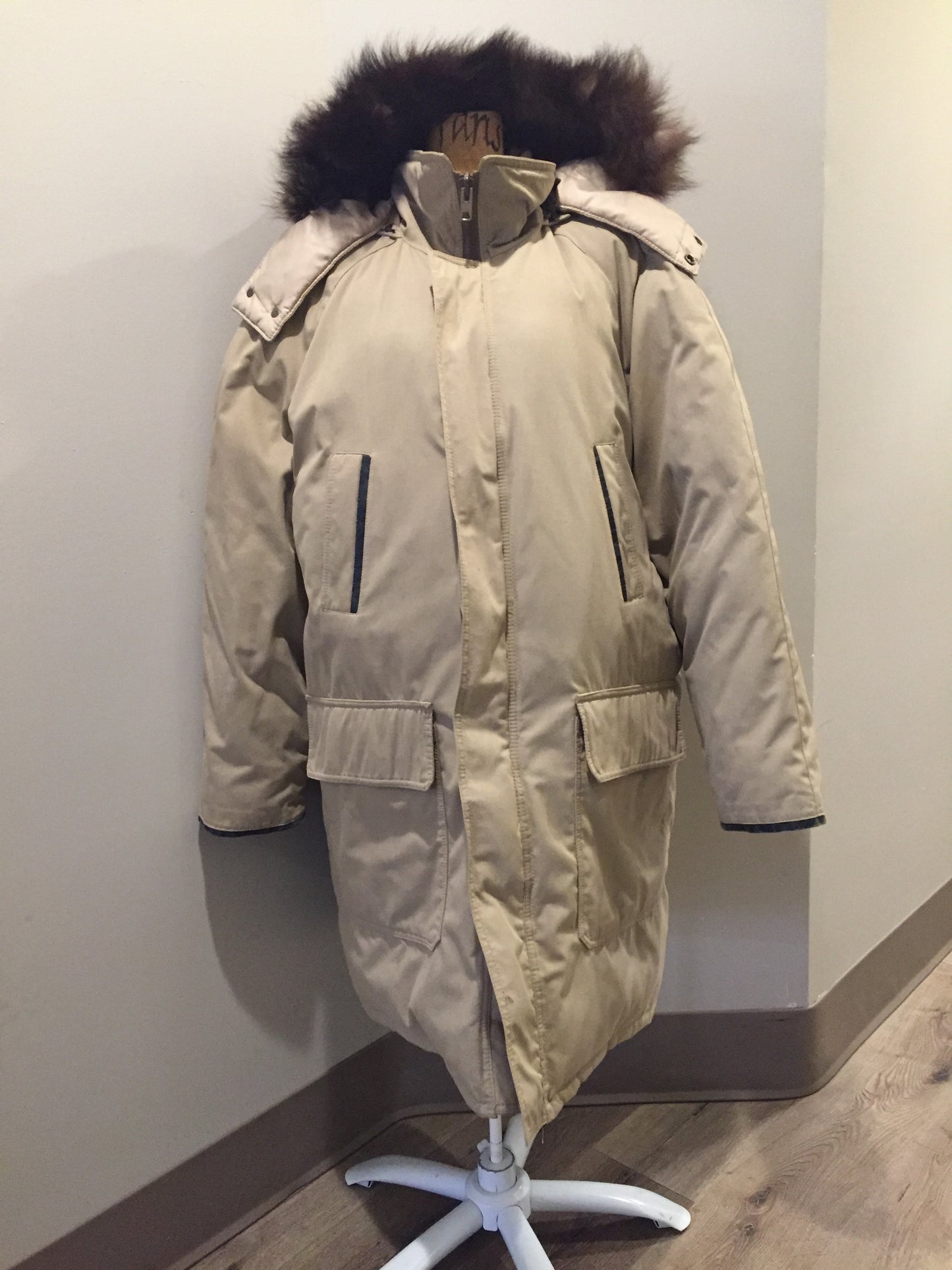 Kingspier Vintage - Retreat down filled parka in beige with fur trimmed hood, leather trim, slash pockets and flap pockets and zipper closure. Size 37.5” (chest).