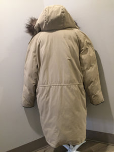 Kingspier Vintage - Retreat down filled parka in beige with fur trimmed hood, leather trim, slash pockets and flap pockets and zipper closure. Size 37.5” (chest).