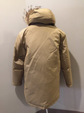 Load image into Gallery viewer, Kingspier Vintage - Woolrich goose down parka in beige with fur trimmed hood, slash pockets and flap pockets and inside pocket, zipper and button closures, Size small.
