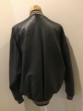 Load image into Gallery viewer, Kingspier Vintage - Roots leather varsity jacket in black with blue and brown ribbing, snap closures and slash pockets. Size large.
