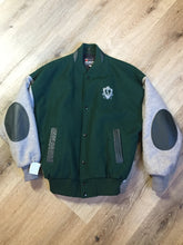 Load image into Gallery viewer, Kingspier Vintage - Mayflower Curling wool varsity jacket in green and grey with black leather accents, snap closures, slash pockets and emblem on chest. Made in Canada.
