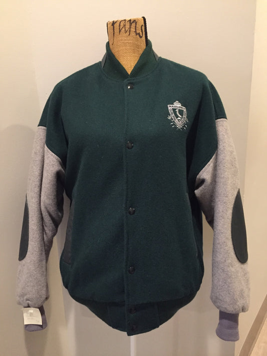 Kingspier Vintage - Mayflower Curling wool varsity jacket in green and grey with black leather accents, snap closures, slash pockets and emblem on chest. Made in Canada.