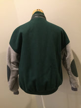 Load image into Gallery viewer, Kingspier Vintage - Mayflower Curling wool varsity jacket in green and grey with black leather accents, snap closures, slash pockets and emblem on chest. Made in Canada.
