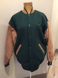 Kingspier Vintage - Piper leather/mouton varsity jacket in green and brown with “Aviation Limited” written on the chest and “Piper” written on the back, snap closures, slash pockets, quilted lining and inside pocket. Made in Canada.