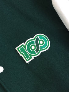 Kingspier Vintage - Roots “Sobey’s Centenary Anniversary” ’07 varsity jacket in green and white with snap closures, slash pockets, knit trim, embroidered “100” emblem on the chest and “07” on the arm.