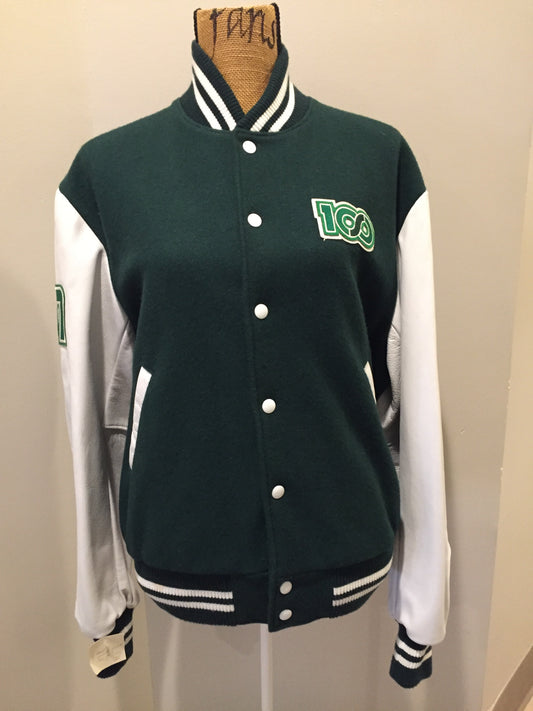 Kingspier Vintage - Roots “Sobey’s Centenary Anniversary” ’07 varsity jacket in green and white with snap closures, slash pockets, knit trim, embroidered “100” emblem on the chest and “07” on the arm.