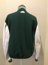 Load image into Gallery viewer, Kingspier Vintage - Roots “Sobey’s Centenary Anniversary” ’07 varsity jacket in green and white with snap closures, slash pockets, knit trim, embroidered “100” emblem on the chest and “07” on the arm.
