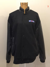 Load image into Gallery viewer, Kingspier Vintage - Canada Post uniform leather and wool blend varsity jacket in black with zipper and snap closures and slash pockets. Size large.
