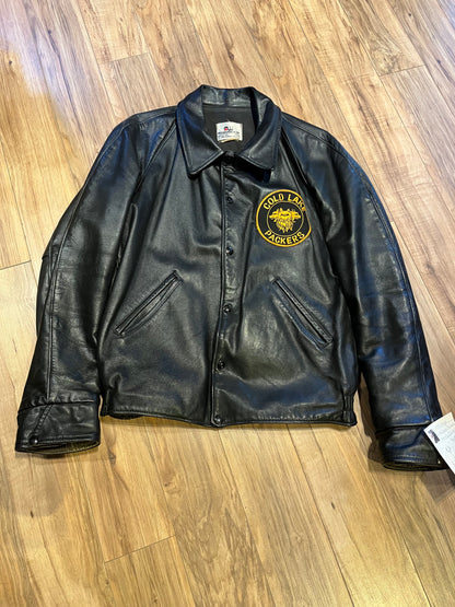 Vintage Cold Lake Packers Leather Varsity Jacket by Athletes Wear Co. LTD.

Jacket features embroidered detail on the chest, two front pockets and snap closures.

Made in Canada.
Chest 46”.