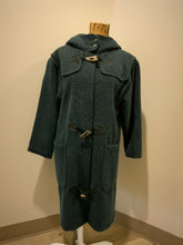 Load image into Gallery viewer, Kingspier Vintage - “The Woolrich Woman” dark teal wool and mohair blend duffle coat with hood, pockets, three wooden toggles, inside snaps and a leather Woolrich label. Made in the USA. Fits a size small.
