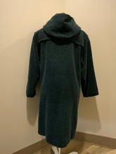 Load image into Gallery viewer, Kingspier Vintage - “The Woolrich Woman” dark teal wool and mohair blend duffle coat with hood, pockets, three wooden toggles, inside snaps and a leather Woolrich label. Made in the USA. Fits a size small.
