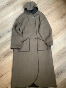 Kingspier Vintage - Linda Lundstrom full length black and brown reversible wool coat, double breasted with a hood and pockets on both sides. Made in New Glasgow, Nova Scotia. Size 16.