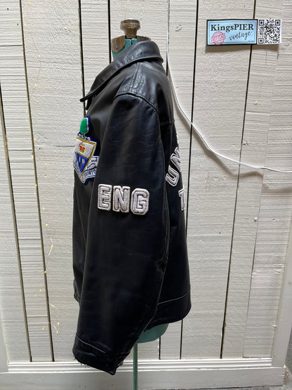 Vintage University of Toronto 1998 English Department Leather Varsity Jacket.

Jacket features embroidered details on the chest, arms and back, two front pockets, zipper and snap closures and a zip out quilted lining.

Size 46.