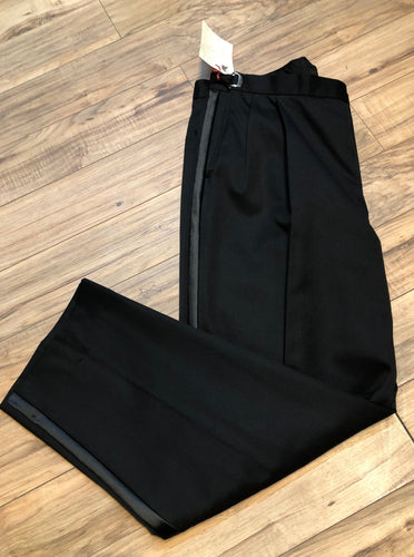 Kingspier Vintage - Vintage 100% black Woolmark wool tuxedo pants with satin stripe straight leg, higher rise, zip fly and pockets in the front and back.