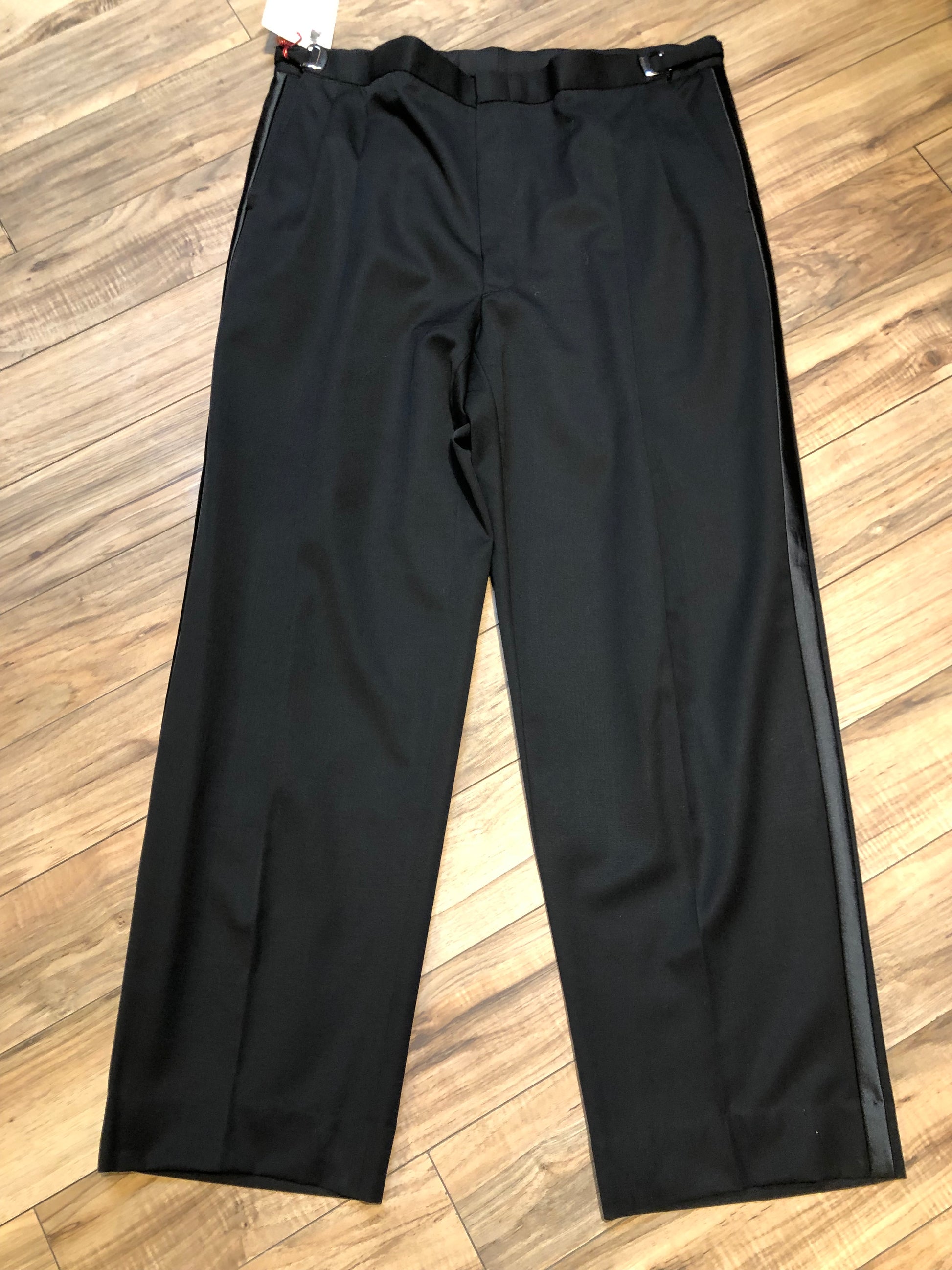 Kingspier Vintage - Vintage 100% black Woolmark wool tuxedo pants with satin stripe straight leg, higher rise, zip fly and pockets in the front and back.