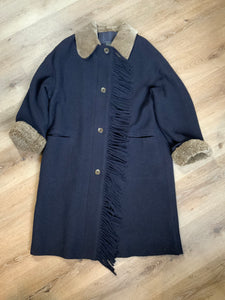 Kingspier Vintage - Hilary Radley navy blue 100% pure virgin wool coat with shearling collar and cuffs , pockets, button closures and a unique front fringe. Size 8.