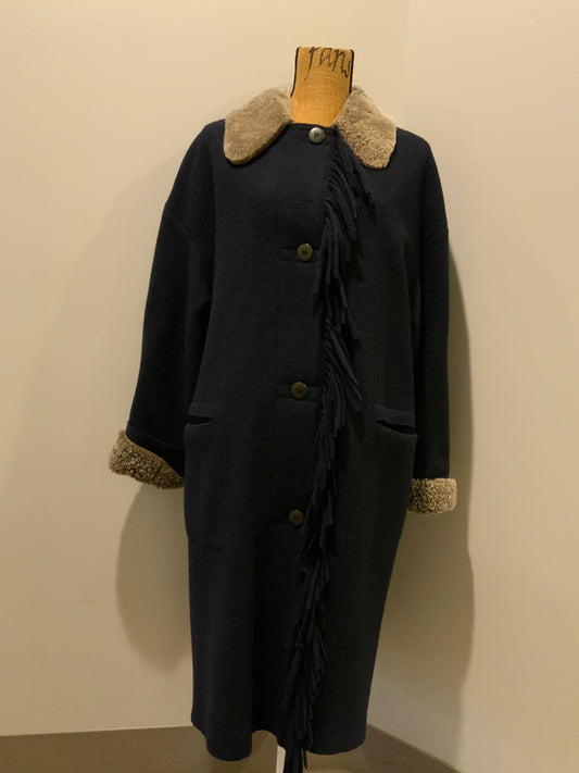 Kingspier Vintage - Hilary Radley navy blue 100% pure virgin wool coat with shearling collar and cuffs , pockets, button closures and a unique front fringe. Size 8.