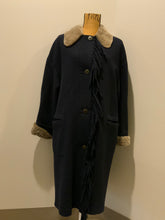 Load image into Gallery viewer, Kingspier Vintage - Hilary Radley navy blue 100% pure virgin wool coat with shearling collar and cuffs , pockets, button closures and a unique front fringe. Size 8.
