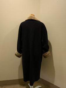 Kingspier Vintage - Hilary Radley navy blue 100% pure virgin wool coat with shearling collar and cuffs , pockets, button closures and a unique front fringe. Size 8.