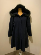 Load image into Gallery viewer, Kingspier Vintage - Braemar Petites by Jeremy Scott 1980’s/ 1990’s wool blend coat in navy blue with synthetic fur trim around the hood. Features hidden button closures down the front and slash pockets. Made in Romania
