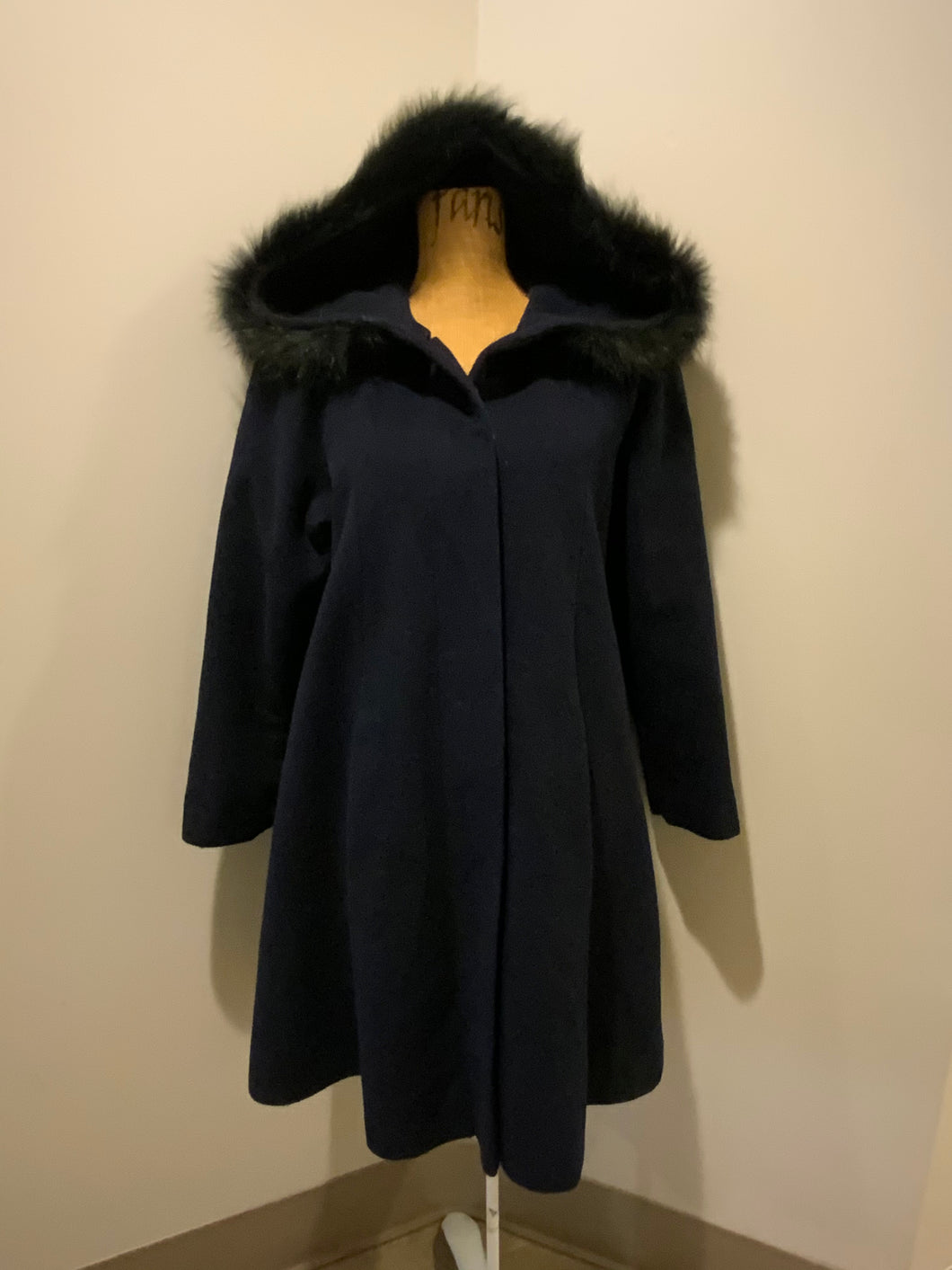 Kingspier Vintage - Braemar Petites by Jeremy Scott 1980’s/ 1990’s wool blend coat in navy blue with synthetic fur trim around the hood. Features hidden button closures down the front and slash pockets. Made in Romania