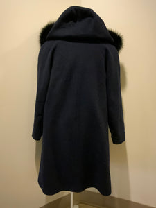 Kingspier Vintage - Braemar Petites by Jeremy Scott 1980’s/ 1990’s wool blend coat in navy blue with synthetic fur trim around the hood. Features hidden button closures down the front and slash pockets. Made in Romania