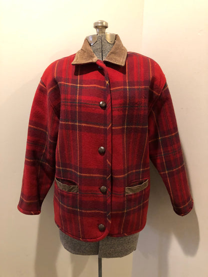 Kingspier Vintage - Vintage Rough Wear red plaid jacket with leather collar and trim, button closures and two pockets on the front. Size Medium/ Large.