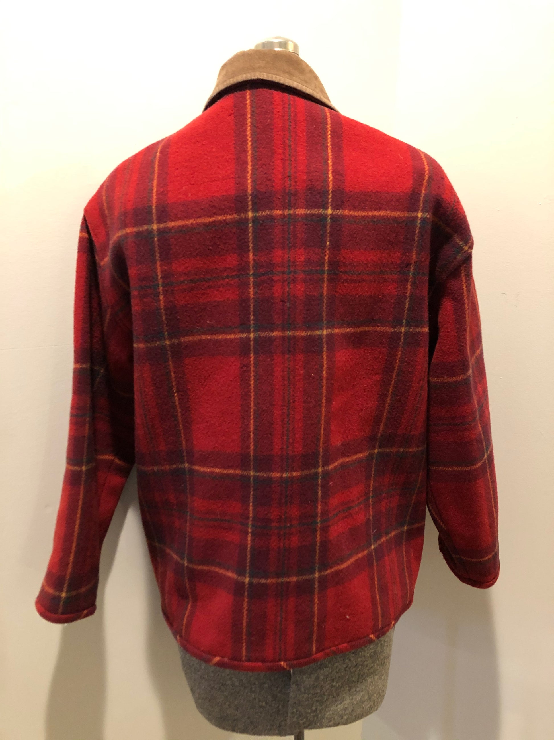 Kingspier Vintage - Vintage Rough Wear red plaid jacket with leather collar and trim, button closures and two pockets on the front. Size Medium/ Large.