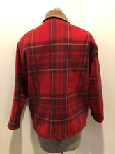 Load image into Gallery viewer, Kingspier Vintage - Vintage Rough Wear red plaid jacket with leather collar and trim, button closures and two pockets on the front. Size Medium/ Large.
