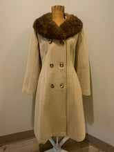 Load image into Gallery viewer, Kingspier Vintage - Iconic Canadian brand Sears The Fashion Place 100% pure virgin wool coat in beige with fur trim collar. This coat is double breasted with buttons, front pockets and a lovely belt detail in the back.
