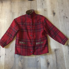 Load image into Gallery viewer, Kingspier Vintage - Vintage Rough Wear red plaid jacket with leather collar and trim, button closures and two pockets on the front. Size Medium/ Large.
