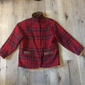 Kingspier Vintage - Vintage Rough Wear red plaid jacket with leather collar and trim, button closures and two pockets on the front. Size Medium/ Large.