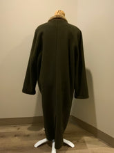 Load image into Gallery viewer, Kingspier Vintage - Epsilon full length moss green 100% wool coat with sheepskin panel running down the front. button closures with unique flower detail, front pockets and a zip out inside lining. Made in Canada. Fits a size large.
