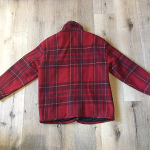 Kingspier Vintage - Vintage Rough Wear red plaid jacket with leather collar and trim, button closures and two pockets on the front. Size Medium/ Large.