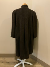 Load image into Gallery viewer, Kingspier Vintage - Regency 1970’s dark brown alpaca wool full length coat with front pockets and buttons, shoulder pads and pleating detail in the back. Features an ILGWU, Made in the USA label on inner lining. Fits a Size 8.
