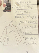 Load image into Gallery viewer, Genuine Hudson’s Bay Company 100% wool point blanket coat in the iconic multi-stripe colours. The coat is double breasted with pockets and a satin lining.

Union made in Canada. 
Chest measures 42”.
