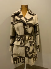 Load image into Gallery viewer, Kingspier Vintage - Icewool 100% pure virgin wool coat. Brown and cream pattern with belt, wooden buttons and a top snap closure. Made in Iceland. Fits size 14.
