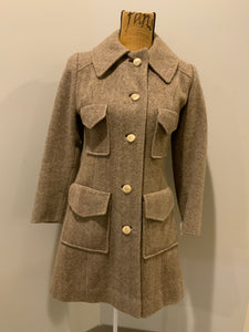Kingspier Vintage - Wool herringbone car coat with front buttons and four front flap pockets. Union made in Canada.
