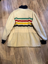 Load image into Gallery viewer, Genuine Hudson’s Bay Company 100% wool point blanket zip cardigan in the iconic multi-stripe colours with two zip front pockets.

Union made in Canada. 
Size medium.
