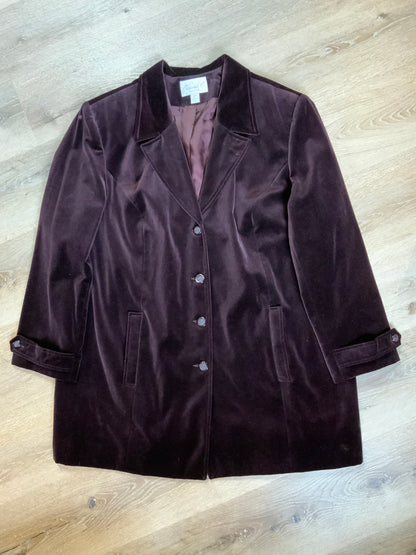 Kingspier Vintage - Conrad C Collection burgundy velvet coat with shoulder pads, front buttons and welt pockets. Made in Canada. Size 24.