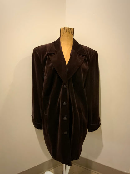 Kingspier Vintage - Conrad C Collection burgundy velvet coat with shoulder pads, front buttons and welt pockets. Made in Canada. Size 24.